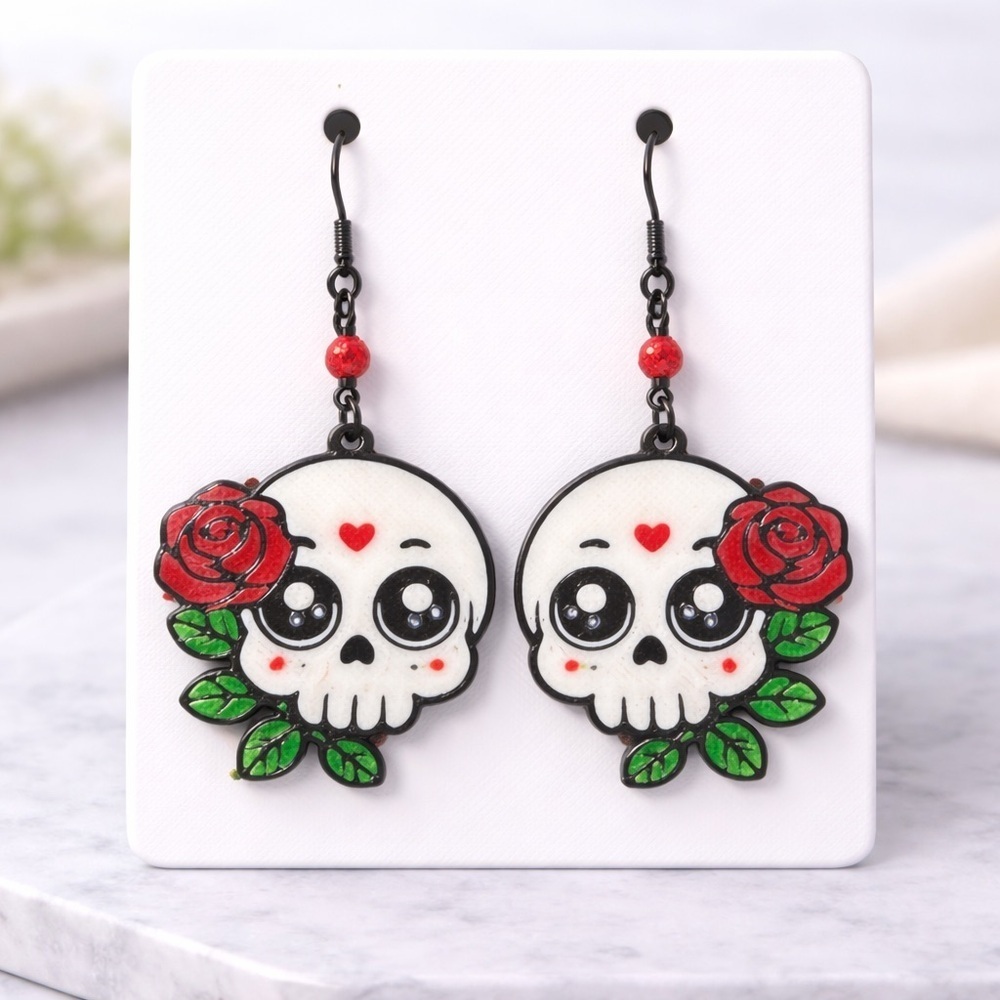 Cute Skull & Rose‎ Dangle Earrings – Spooky Cute Statement Jewelry